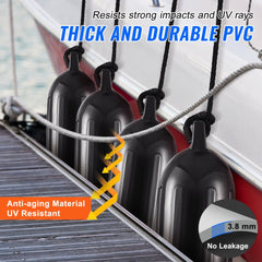 Four black PVC boat fenders hang from a white boat, with text highlighting features.