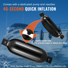 Black PVC inflatable boat fenders, 5.5"x20", 4-pack with ropes and storage bag included.