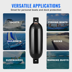 Black PVC inflatable boat fenders, 5.5"x20", 4-pack with ropes and storage bag.