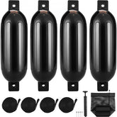 Black PVC inflatable ribbed boat fenders, 6.5"x23", in a pack of four for docking protection.