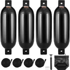 Four black inflatable boat fenders with ropes and a pump for docking protection.