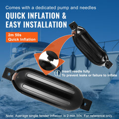 Black PVC inflatable boat fenders in a 4 pack, measuring 8.5" x 26" each.