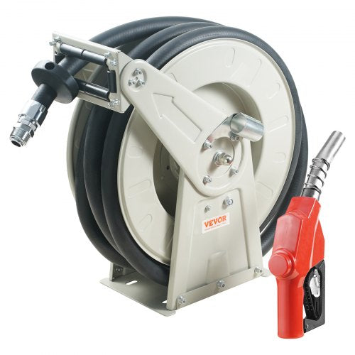 Bostome 3/4" x 66' retractable fuel hose reel with carbon steel frame, black hose, and red nozzle.