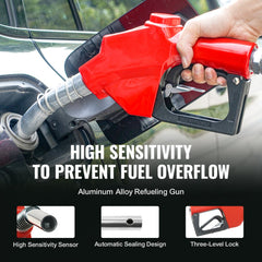 A hand refueling a car at a gas station with a red aluminum alloy nozzle featuring high sensitivity to prevent overflow.