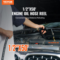 Bostome 1/2" x 50' retractable fuel hose reel with carbon steel frame, shown mounted near a car engine.