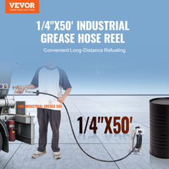 Bostome 1/4" x 50' retractable fuel hose reel made of carbon steel with 5800 PSI rating.