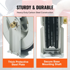 Retractable fuel hose reel with carbon steel frame, 50-foot hose, and secure mounting base.