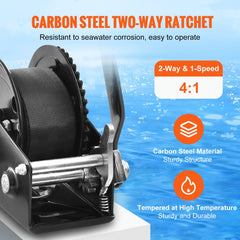 Bostome hand winch with 1200 lbs capacity, 23 ft polyester strap, and two-way ratchet.