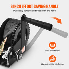 Bostome hand winch with 1200 lbs capacity, 23 ft polyester strap, and ergonomic handle.