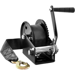 Bostome hand winch with 1200 lbs capacity, 23 ft polyester strap, and two-way ratchet.