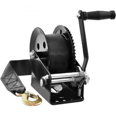 Bostome hand winch with a 33ft polyester strap and two-way ratchet for towing up to 1600 lbs.
