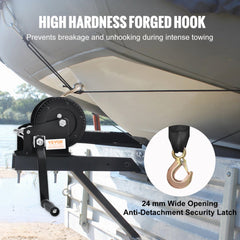 Bostome hand winch with a 33ft polyester strap and two-way ratchet for towing up to 1600 lbs.