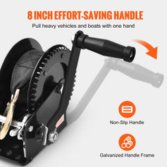 Bostome hand winch with 1600 lbs capacity, 33ft polyester strap, and ergonomic handle.