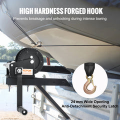 Hand winch with 2000 lbs capacity, 23 ft polyester strap, and two-way ratchet.