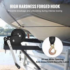 Bostome 3500 lbs hand winch with 33 ft polyester strap and forged hook on a boat.