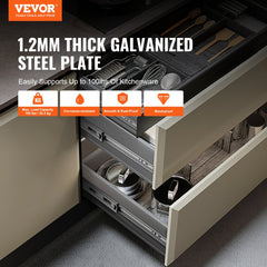 Six pairs of 18-inch heavy-duty soft-close drawer slides made from galvanized steel, shown installed in kitchen cabinets.