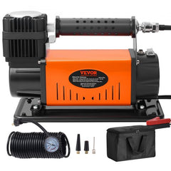 Orange Bostome 12V heavy duty 150PSI portable air compressor with hose, gauge, adapters, and carry bag.