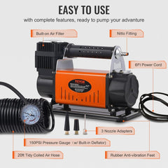 Orange Bostome 12V 150PSI portable air compressor with built-in filter, 20ft coiled hose, pressure gauge, Nitto fitting, power cord, and adapters.