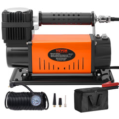 Orange Bostome 12V heavy-duty 150PSI portable air compressor with hose, gauge, adapters, and carry bag.