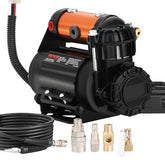 Bostome 150PSI onboard air compressor kit with black and orange body, hoses, and fittings.