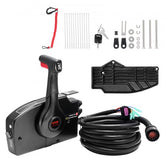 Black Mercury side-mount throttle control box with trim switch, lanyard, cables, and hardware.