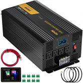 Black 3500W pure sine wave inverter with LCD display, AC outlets, and included remote controller and cables.