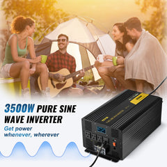 3500W pure sine wave inverter with LCD display, shown powering a campsite scene.