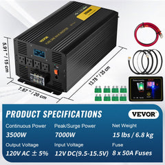 Black Bostome 3500W pure sine wave inverter with LCD display, AC outlets, and remote controller.