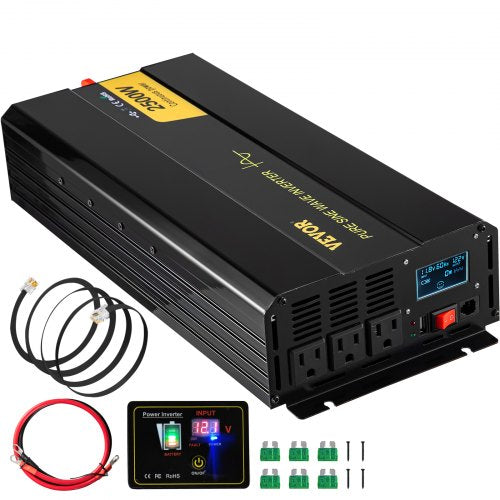 Black 2500W pure sine wave power inverter with LCD display, AC outlets, and remote control.