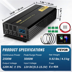 Black VEVOR 5000W pure sine wave power inverter with LCD display, US outlets, and accessories.