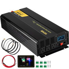 Black 2500W pure sine wave power inverter with LCD display, AC outlets, and remote control.