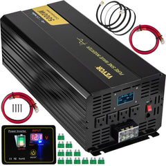 Black Bostome 5000W pure sine wave inverter with LCD display, outlets, cables, and fuses.