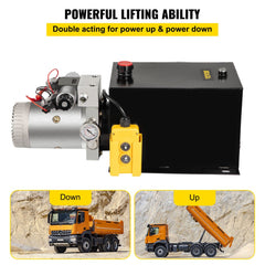 Black 12V 12-quart double-acting hydraulic power unit with pump, reservoir, and yellow pendant control.
