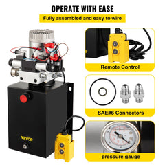 Black 12V 12-quart double-acting hydraulic power unit with remote control, SAE#6 connectors, and pressure gauge.