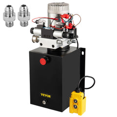 Black Bostome 12V 12-quart double-acting hydraulic power unit with motor, reservoir, and yellow pendant.