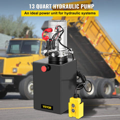12V hydraulic pump with a 13-quart metal reservoir and handheld remote for dump trailers.