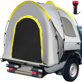 Gray waterproof truck bed tent attached to a pickup bed, with yellow accents and a red flashlight.
