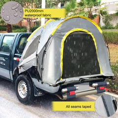 Grey truck bed tent attached to a pickup, showing waterproof PU2000mm fabric and taped seams.