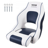 White and navy Bostome captain bucket boat seat with flip-up bolster and thick padding.