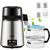 Silver Bostome 1.1 Gal stainless steel water distiller with digital display, glass carafe, and tea sachets.