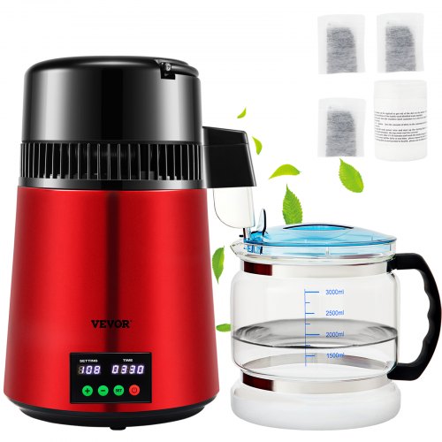 Red 750W stainless steel countertop water distiller with 1.1-gallon capacity.