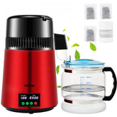 Red 750W stainless steel countertop water distiller with 1.1-gallon capacity.