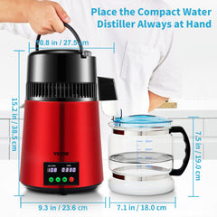 Red 750W stainless steel countertop water distiller with 1.1-gallon capacity.