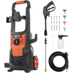 Electric pressure washer with 2150 PSI, 1.8 GPM flow, and four quick-connect nozzles.