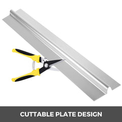 Aluminum heat transfer plate with U-shaped channel and yellow-handled tin snips for cutting