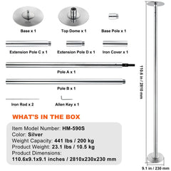 Silver 45mm dancing pole with adjustable height and dual spinning/static modes.