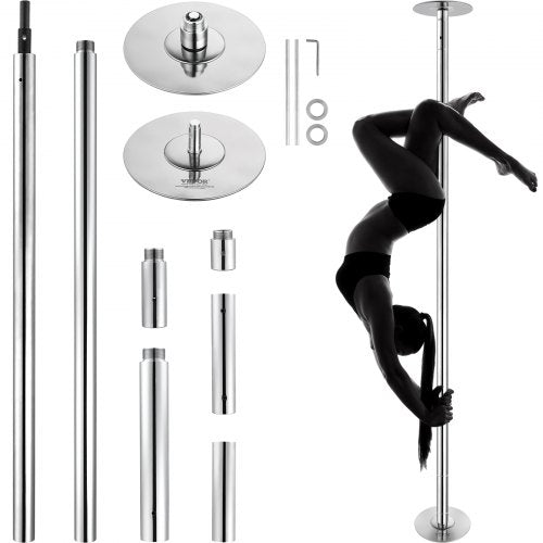 Portable silver dancing pole kit with 45mm diameter and adjustable height from 88 to 111 inches.