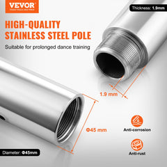 Portable silver dancing pole kit with 45mm diameter and adjustable height from 88 to 111 inches.