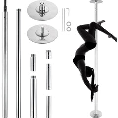 Portable silver dancing pole kit with 45mm diameter and adjustable height from 88 to 111 inches.
