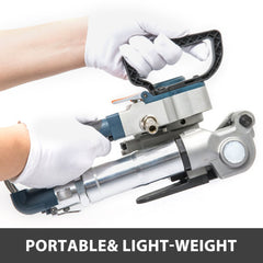 Bostome B19 pneumatic strapping tool with aluminum body, air-driven tensioning, and ergonomic handles.